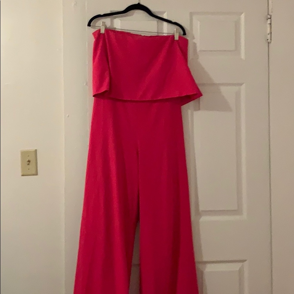 Hot pink strapless jump suit